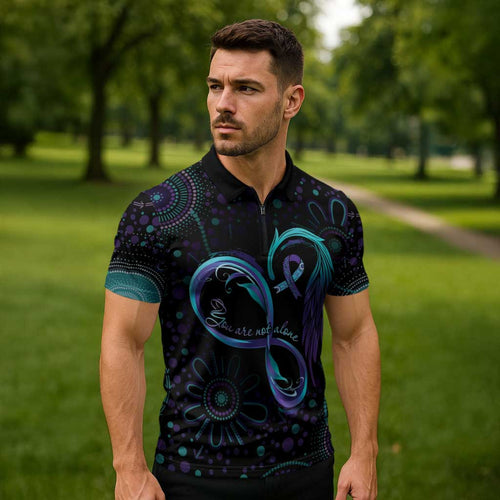 Personalized Australia Indigenous Infinity Heart Zipper Polo Shirt Purple Teal Ribbon You Are Not Alone - Aussie Hoodie