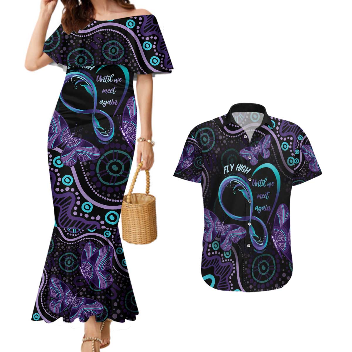 Personalized Australia Infinity Heart Indigenous Couples Matching Mermaid Dress and Hawaiian Shirt Fly High Until We Meet Again - Aussie Hoodie