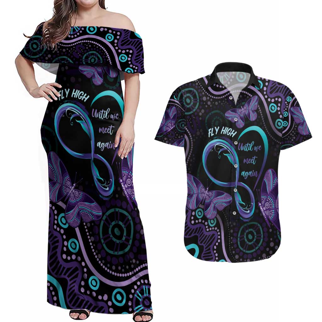 Personalized Australia Infinity Heart Indigenous Couples Matching Off Shoulder Maxi Dress and Hawaiian Shirt Fly High Until We Meet Again - Aussie Hoodie