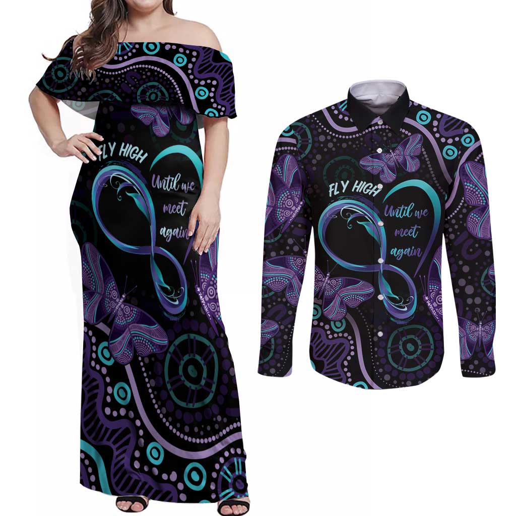 Personalized Australia Infinity Heart Indigenous Couples Matching Off Shoulder Maxi Dress and Long Sleeve Button Shirt Fly High Until We Meet Again - Aussie Hoodie