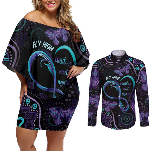 Personalized Australia Infinity Heart Indigenous Couples Matching Off Shoulder Short Dress and Long Sleeve Button Shirt Fly High Until We Meet Again - Aussie Hoodie