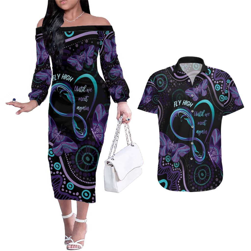 Personalized Australia Infinity Heart Indigenous Couples Matching Off The Shoulder Long Sleeve Dress and Hawaiian Shirt Fly High Until We Meet Again - Aussie Hoodie