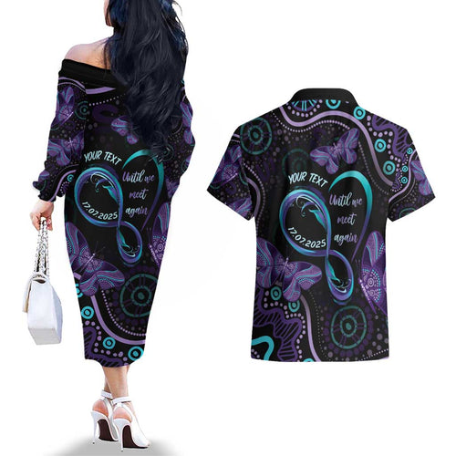 Personalized Australia Infinity Heart Indigenous Couples Matching Off The Shoulder Long Sleeve Dress and Hawaiian Shirt Fly High Until We Meet Again - Aussie Hoodie