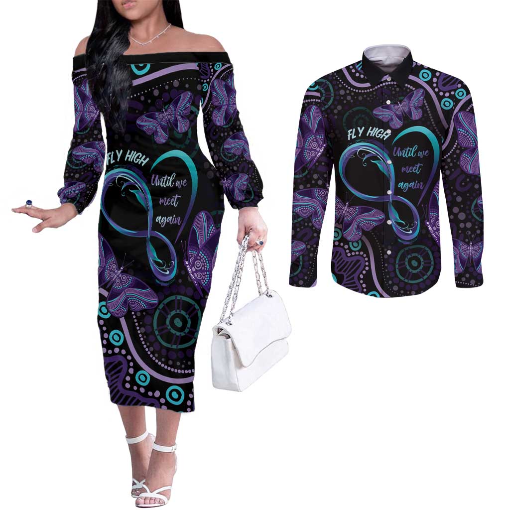 Personalized Australia Infinity Heart Indigenous Couples Matching Off The Shoulder Long Sleeve Dress and Long Sleeve Button Shirt Fly High Until We Meet Again - Aussie Hoodie