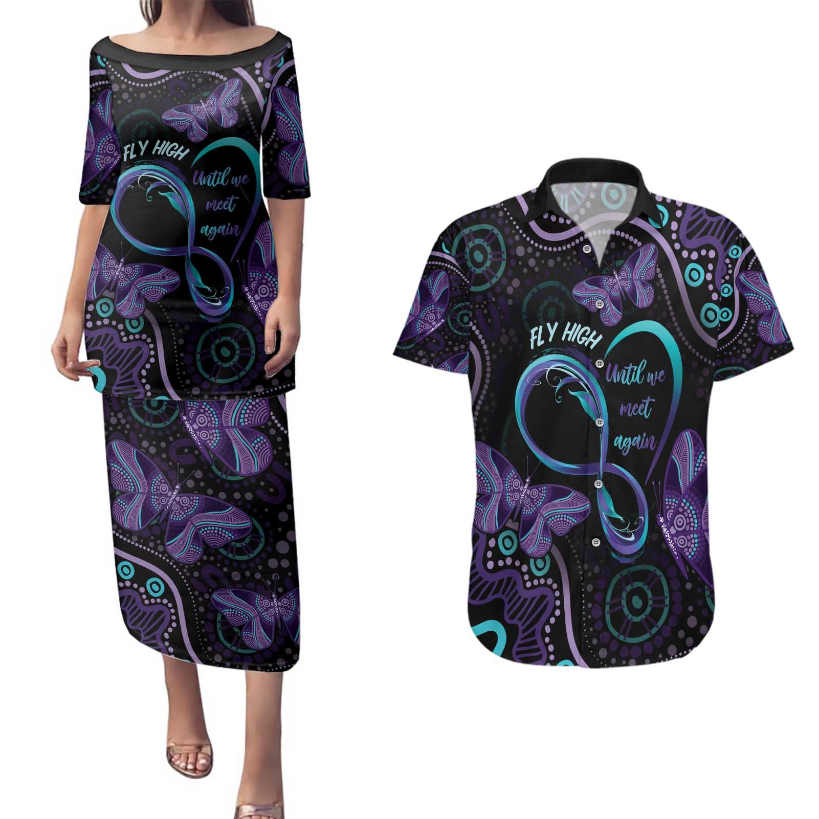 Personalized Australia Infinity Heart Indigenous Couples Matching Puletasi and Hawaiian Shirt Fly High Until We Meet Again - Aussie Hoodie