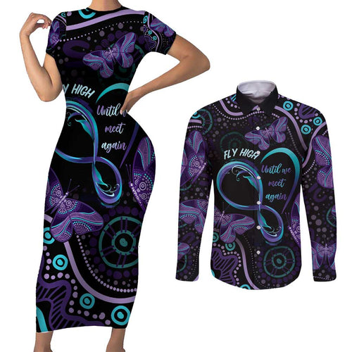 Personalized Australia Infinity Heart Indigenous Couples Matching Short Sleeve Bodycon Dress and Long Sleeve Button Shirt Fly High Until We Meet Again - Aussie Hoodie