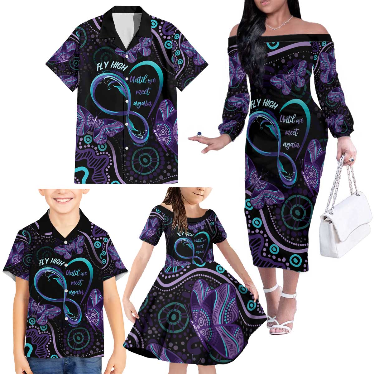 Personalized Australia Infinity Heart Indigenous Family Matching Off The Shoulder Long Sleeve Dress and Hawaiian Shirt Fly High Until We Meet Again - Aussie Hoodie