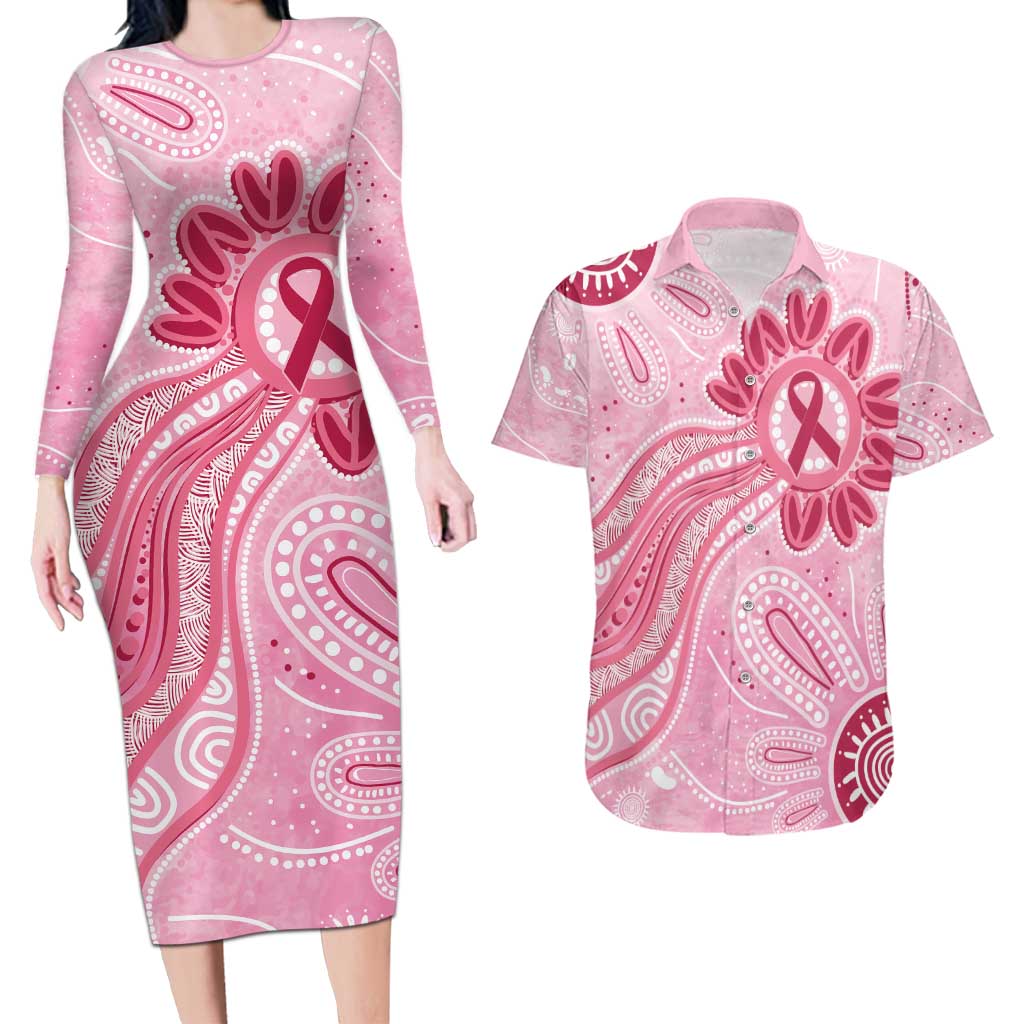 First Nation Aboriginal Dot Arts Couples Matching Long Sleeve Bodycon Dress and Hawaiian Shirt Think Pink - Aussie Hoodie