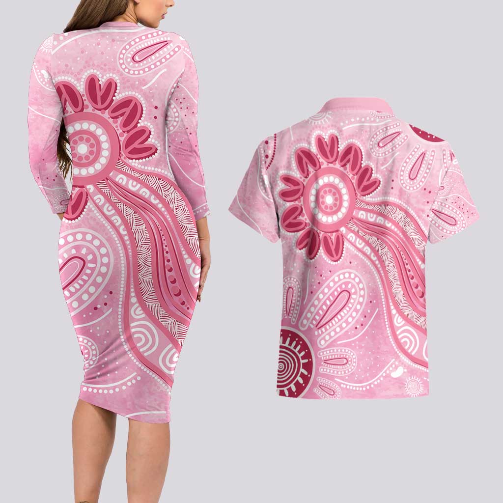 First Nation Aboriginal Dot Arts Couples Matching Long Sleeve Bodycon Dress and Hawaiian Shirt Think Pink - Aussie Hoodie