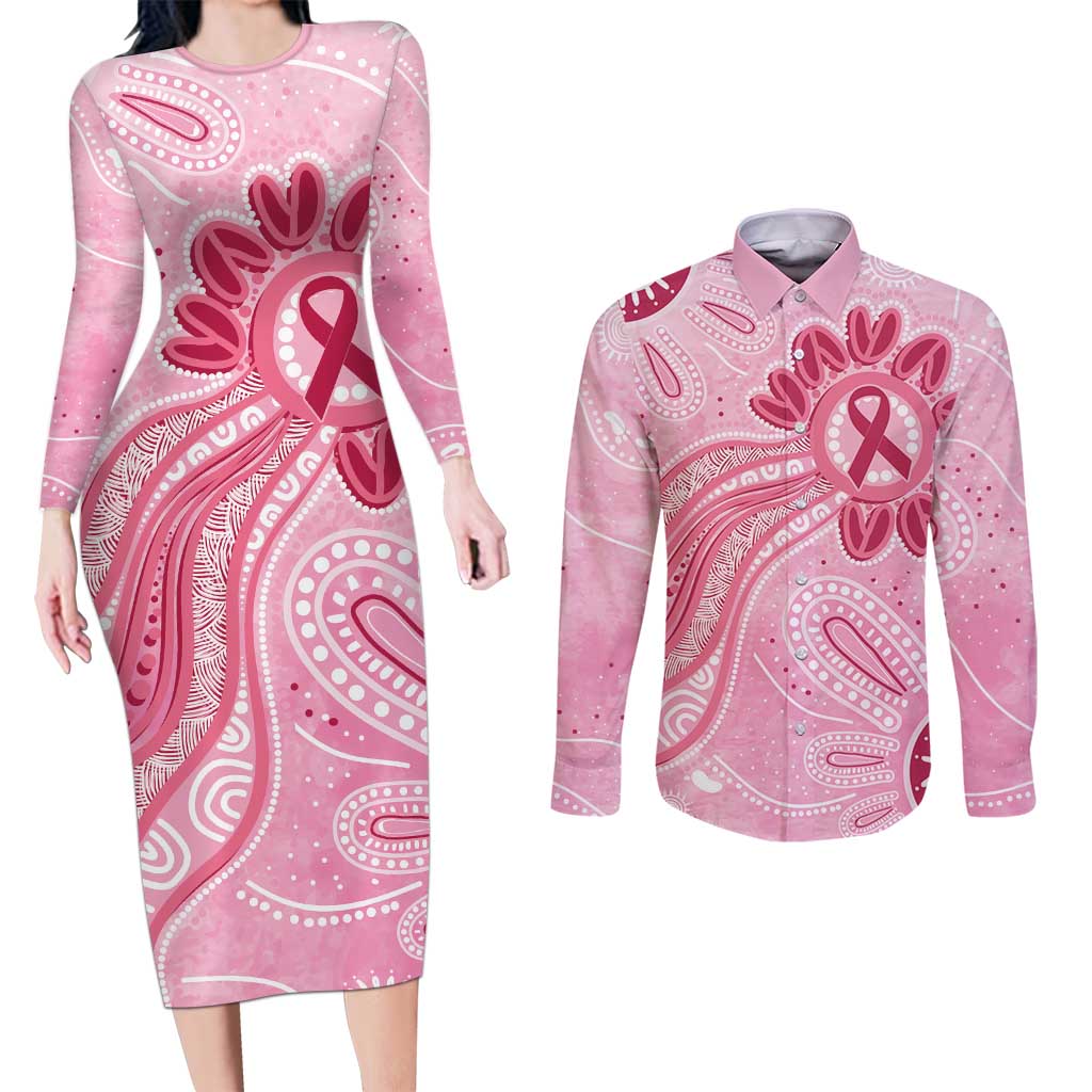 First Nation Aboriginal Dot Arts Couples Matching Long Sleeve Bodycon Dress and Long Sleeve Button Shirt Think Pink - Aussie Hoodie