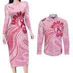First Nation Aboriginal Dot Arts Couples Matching Long Sleeve Bodycon Dress and Long Sleeve Button Shirt Think Pink - Aussie Hoodie