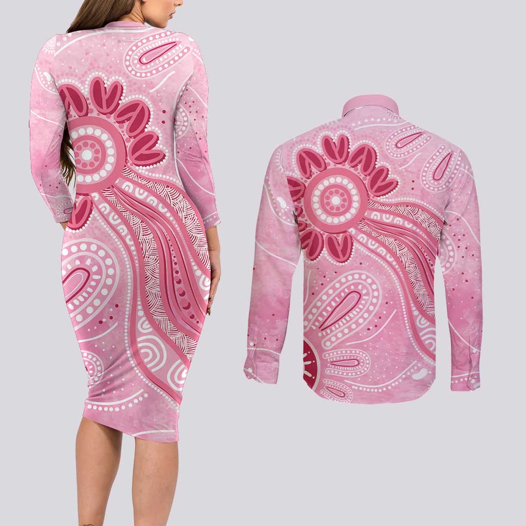 First Nation Aboriginal Dot Arts Couples Matching Long Sleeve Bodycon Dress and Long Sleeve Button Shirt Think Pink - Aussie Hoodie