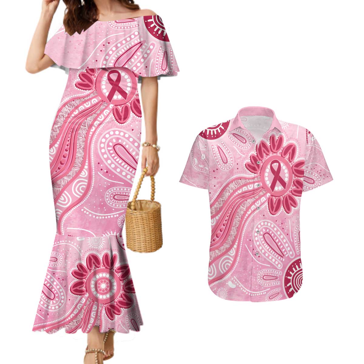 First Nation Aboriginal Dot Arts Couples Matching Mermaid Dress and Hawaiian Shirt Think Pink - Aussie Hoodie