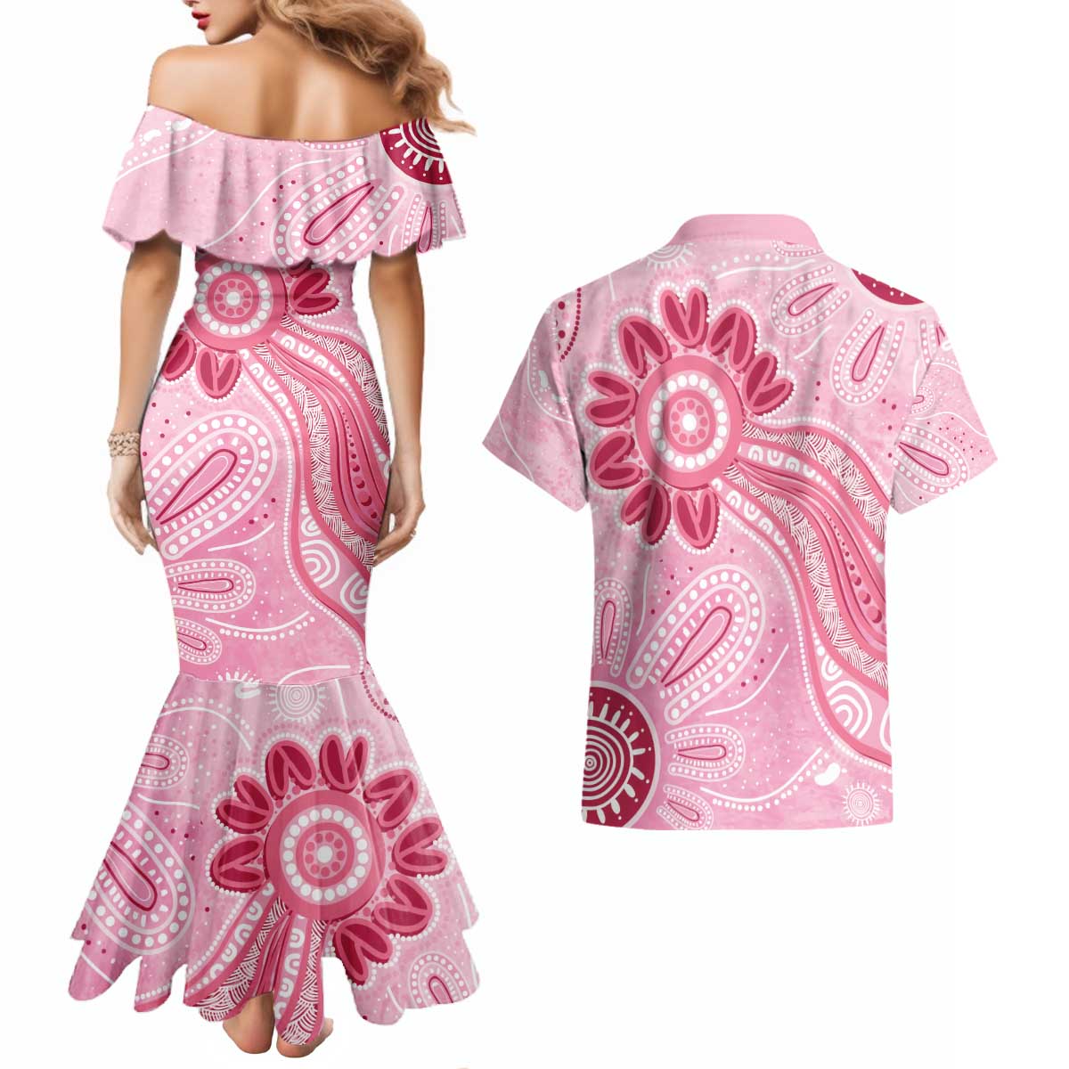 First Nation Aboriginal Dot Arts Couples Matching Mermaid Dress and Hawaiian Shirt Think Pink - Aussie Hoodie