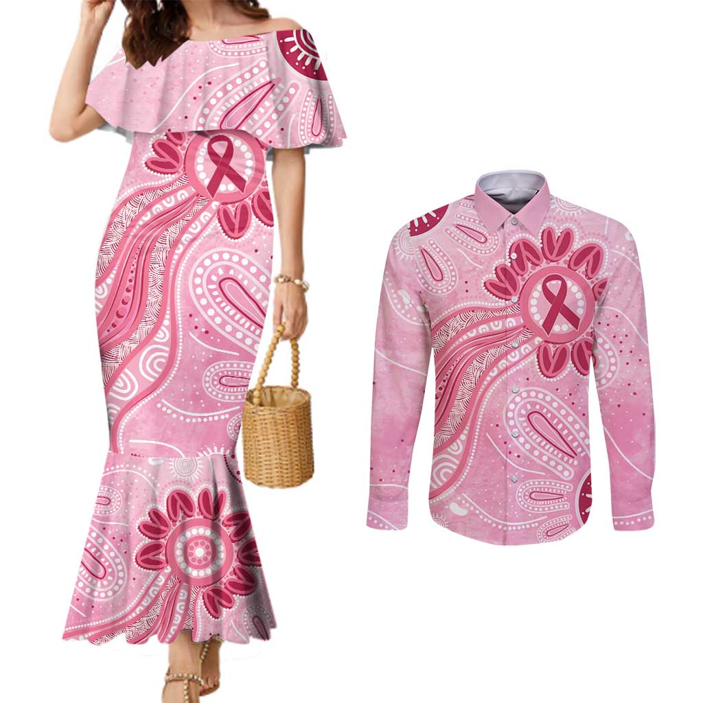 First Nation Aboriginal Dot Arts Couples Matching Mermaid Dress and Long Sleeve Button Shirt Think Pink - Aussie Hoodie