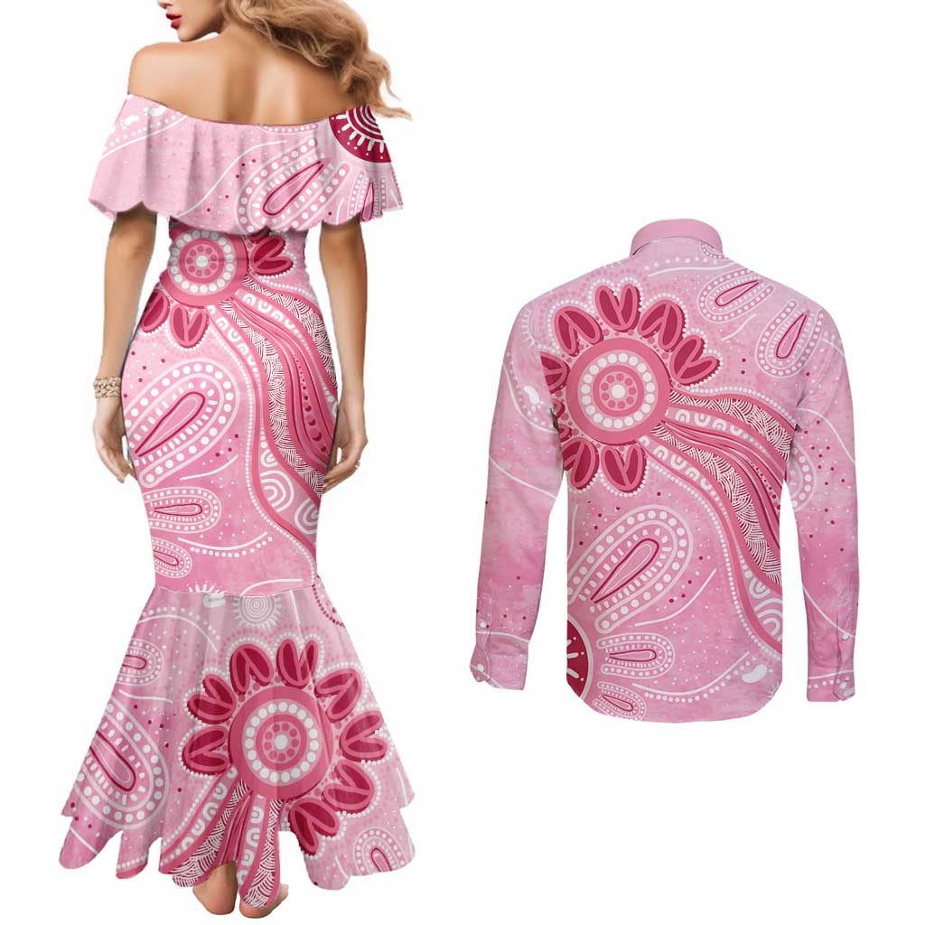 First Nation Aboriginal Dot Arts Couples Matching Mermaid Dress and Long Sleeve Button Shirt Think Pink - Aussie Hoodie
