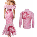 First Nation Aboriginal Dot Arts Couples Matching Mermaid Dress and Long Sleeve Button Shirt Think Pink - Aussie Hoodie