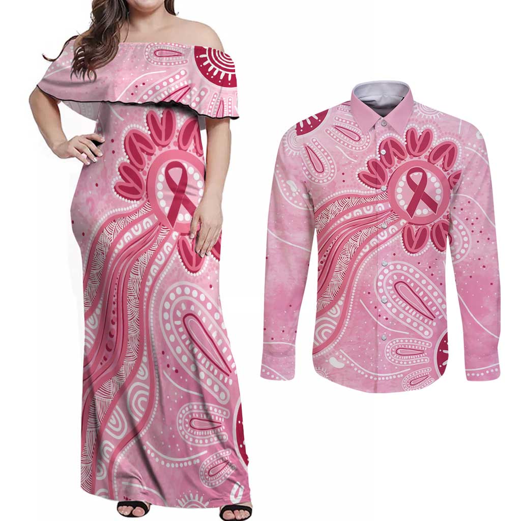 First Nation Aboriginal Dot Arts Couples Matching Off Shoulder Maxi Dress and Long Sleeve Button Shirt Think Pink - Aussie Hoodie