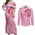 First Nation Aboriginal Dot Arts Couples Matching Off Shoulder Maxi Dress and Long Sleeve Button Shirt Think Pink - Aussie Hoodie