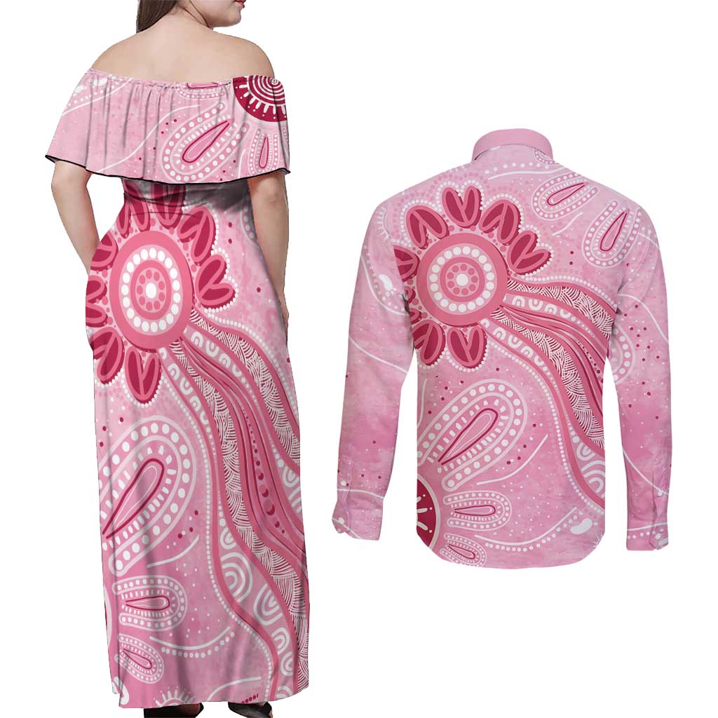 First Nation Aboriginal Dot Arts Couples Matching Off Shoulder Maxi Dress and Long Sleeve Button Shirt Think Pink - Aussie Hoodie