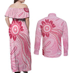 First Nation Aboriginal Dot Arts Couples Matching Off Shoulder Maxi Dress and Long Sleeve Button Shirt Think Pink - Aussie Hoodie