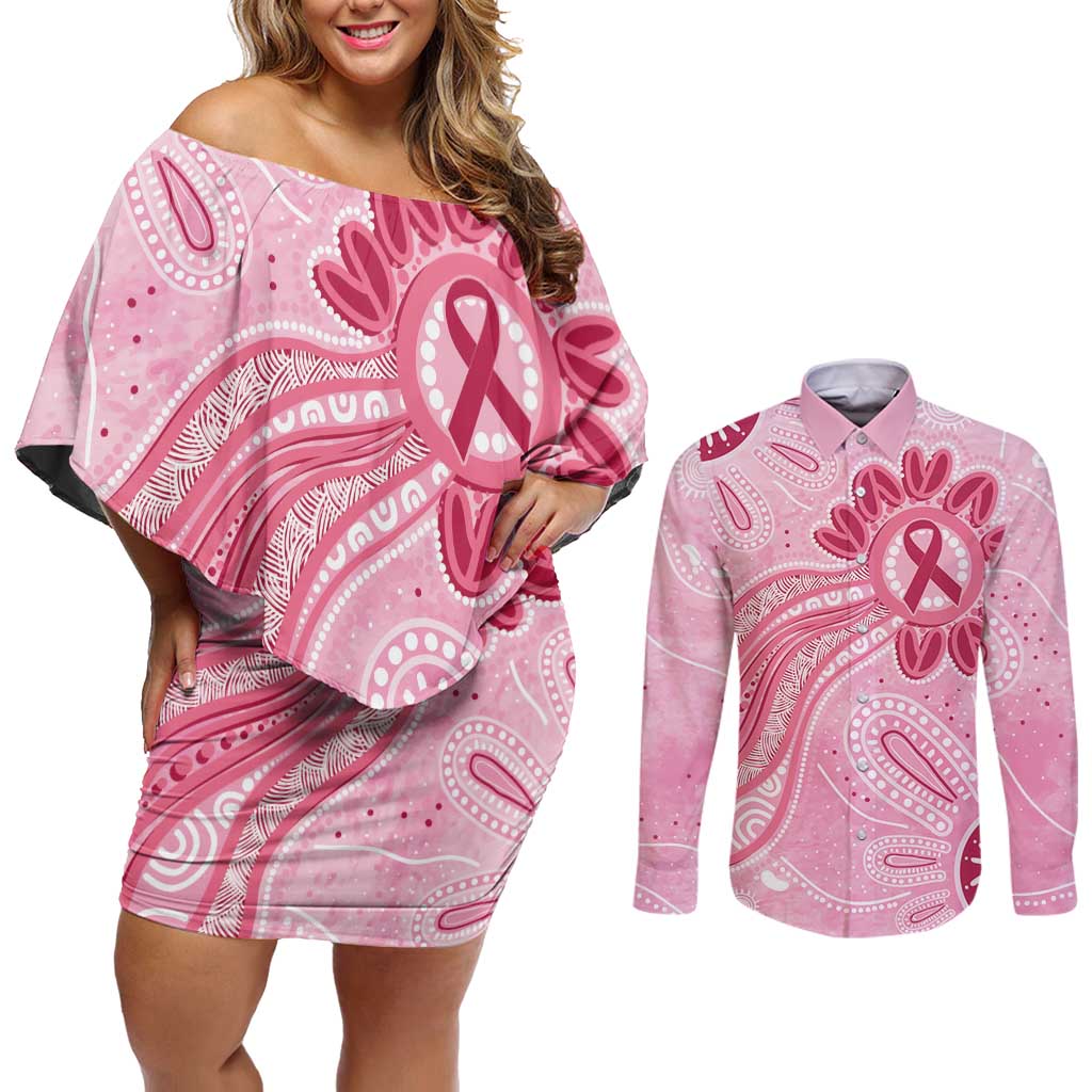 First Nation Aboriginal Dot Arts Couples Matching Off Shoulder Short Dress and Long Sleeve Button Shirt Think Pink - Aussie Hoodie