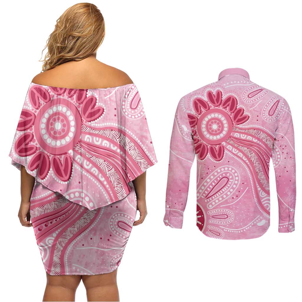 First Nation Aboriginal Dot Arts Couples Matching Off Shoulder Short Dress and Long Sleeve Button Shirt Think Pink - Aussie Hoodie