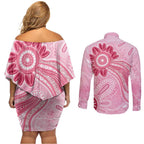 First Nation Aboriginal Dot Arts Couples Matching Off Shoulder Short Dress and Long Sleeve Button Shirt Think Pink - Aussie Hoodie