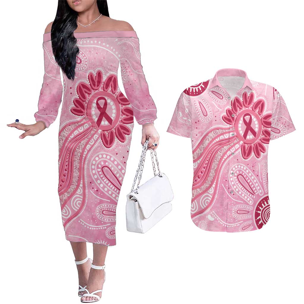 First Nation Aboriginal Dot Arts Couples Matching Off The Shoulder Long Sleeve Dress and Hawaiian Shirt Think Pink - Aussie Hoodie