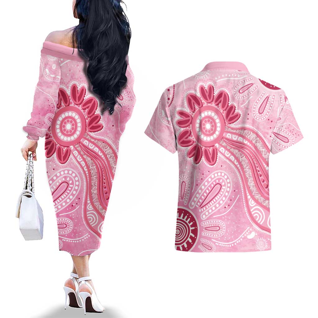 First Nation Aboriginal Dot Arts Couples Matching Off The Shoulder Long Sleeve Dress and Hawaiian Shirt Think Pink - Aussie Hoodie