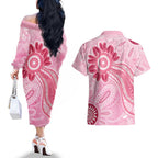 First Nation Aboriginal Dot Arts Couples Matching Off The Shoulder Long Sleeve Dress and Hawaiian Shirt Think Pink - Aussie Hoodie