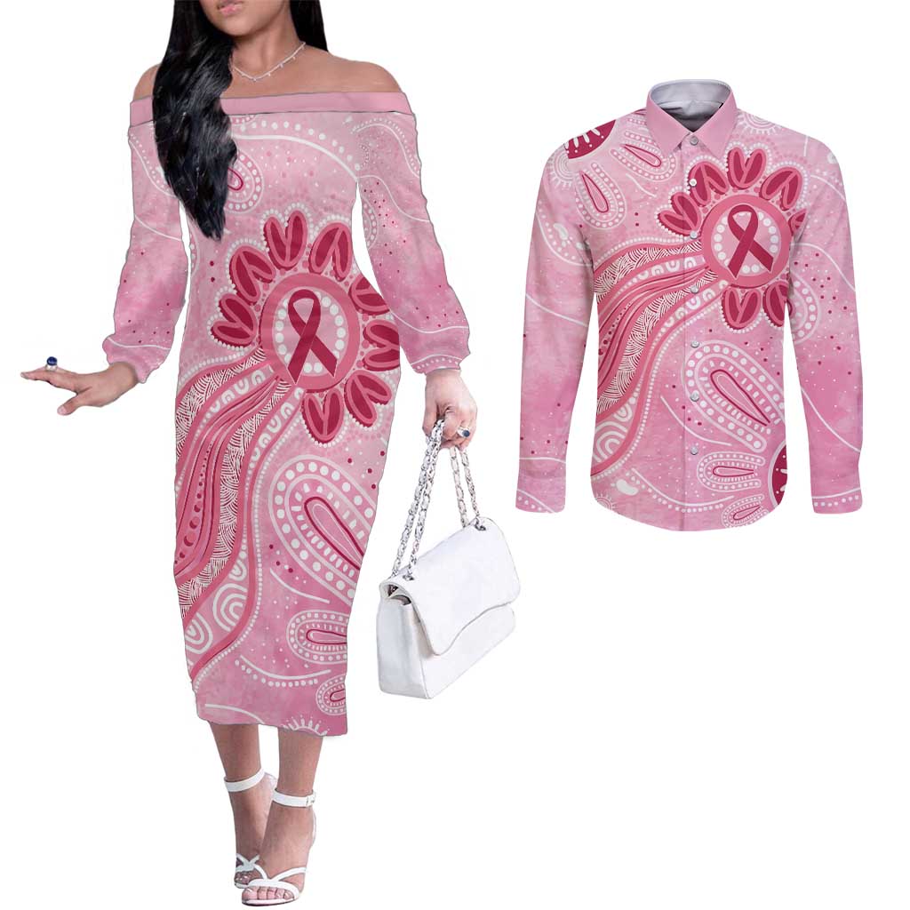 First Nation Aboriginal Dot Arts Couples Matching Off The Shoulder Long Sleeve Dress and Long Sleeve Button Shirt Think Pink - Aussie Hoodie