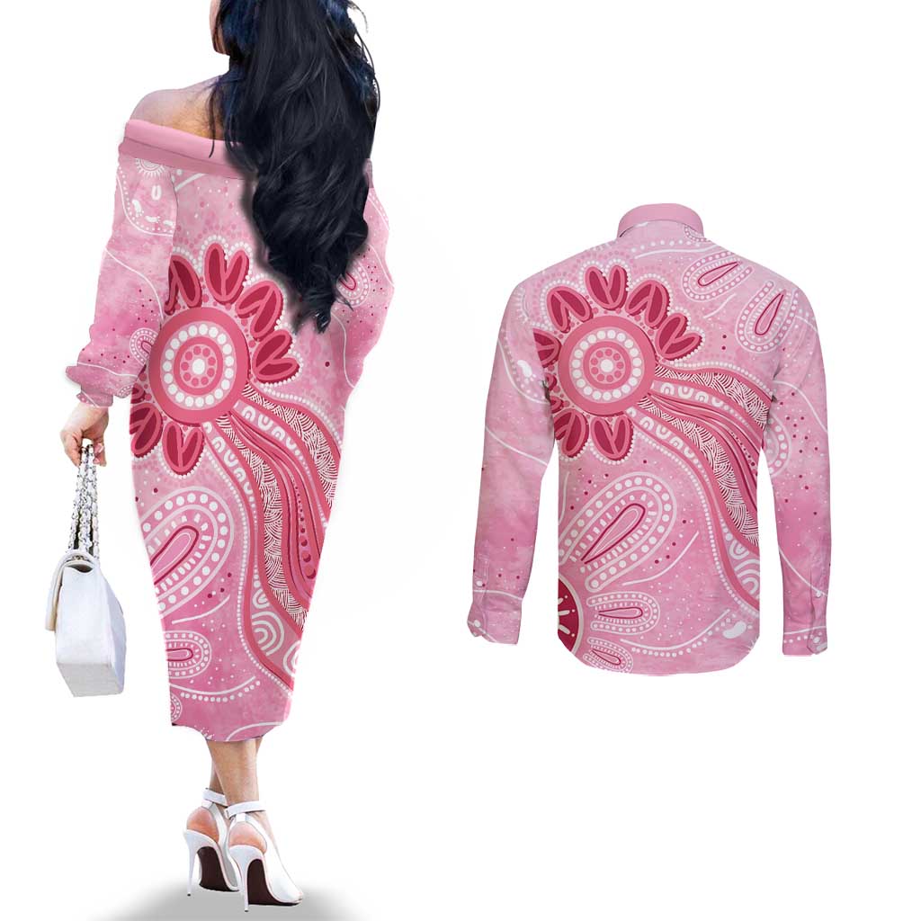 First Nation Aboriginal Dot Arts Couples Matching Off The Shoulder Long Sleeve Dress and Long Sleeve Button Shirt Think Pink - Aussie Hoodie