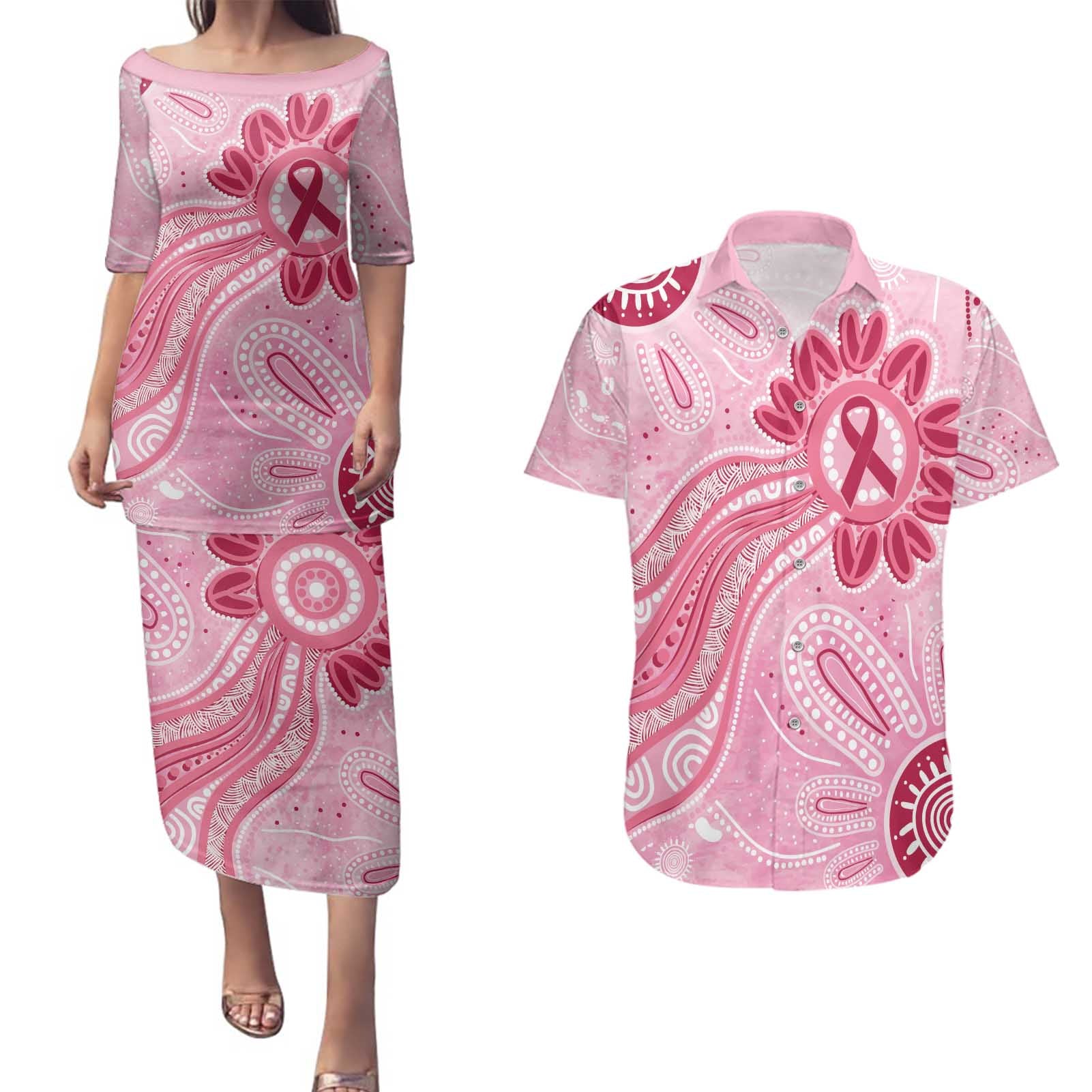 First Nation Aboriginal Dot Arts Couples Matching Puletasi and Hawaiian Shirt Think Pink - Aussie Hoodie