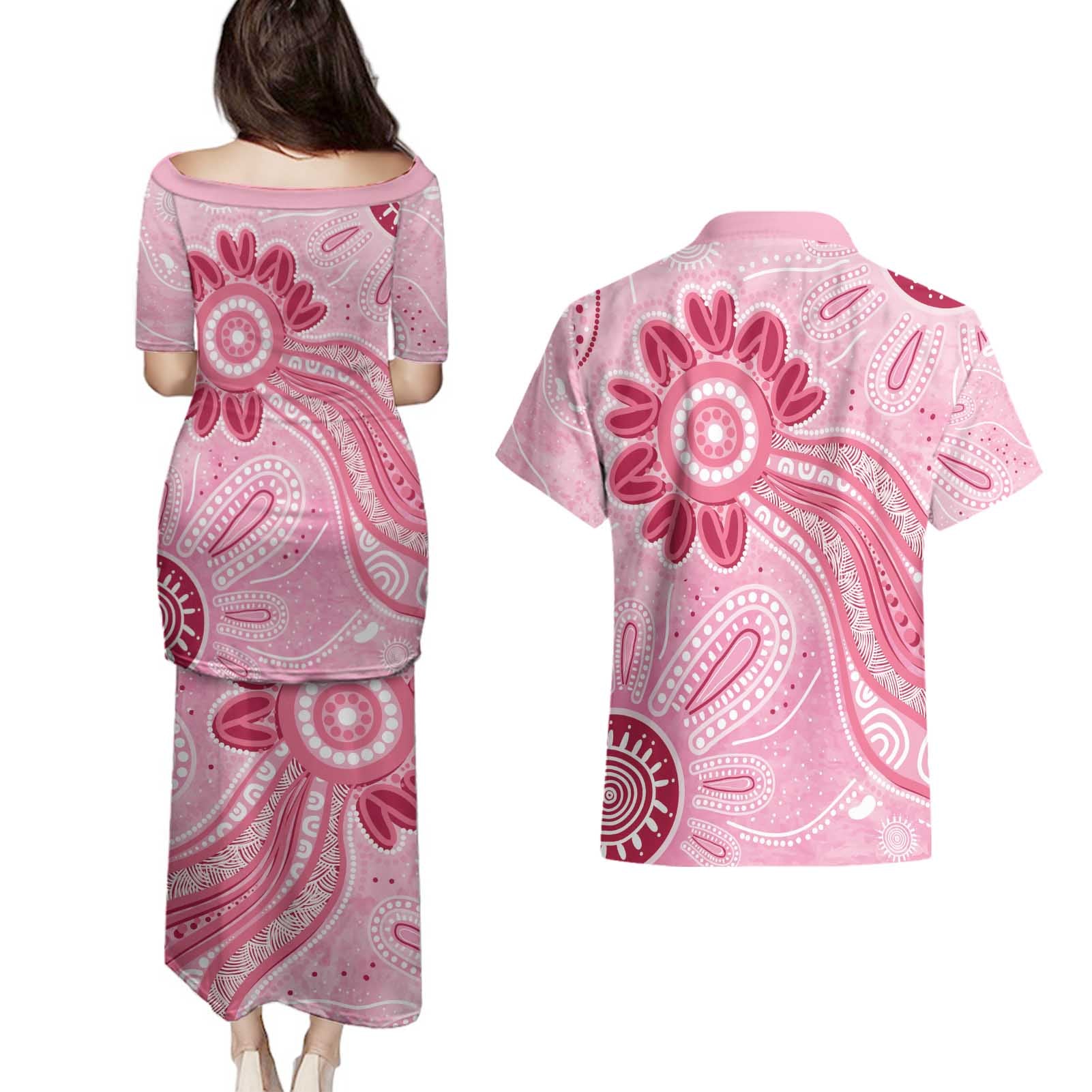 First Nation Aboriginal Dot Arts Couples Matching Puletasi and Hawaiian Shirt Think Pink - Aussie Hoodie