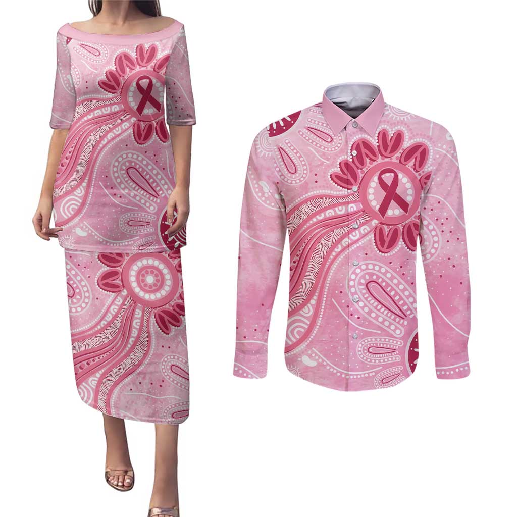 First Nation Aboriginal Dot Arts Couples Matching Puletasi and Long Sleeve Button Shirt Think Pink - Aussie Hoodie