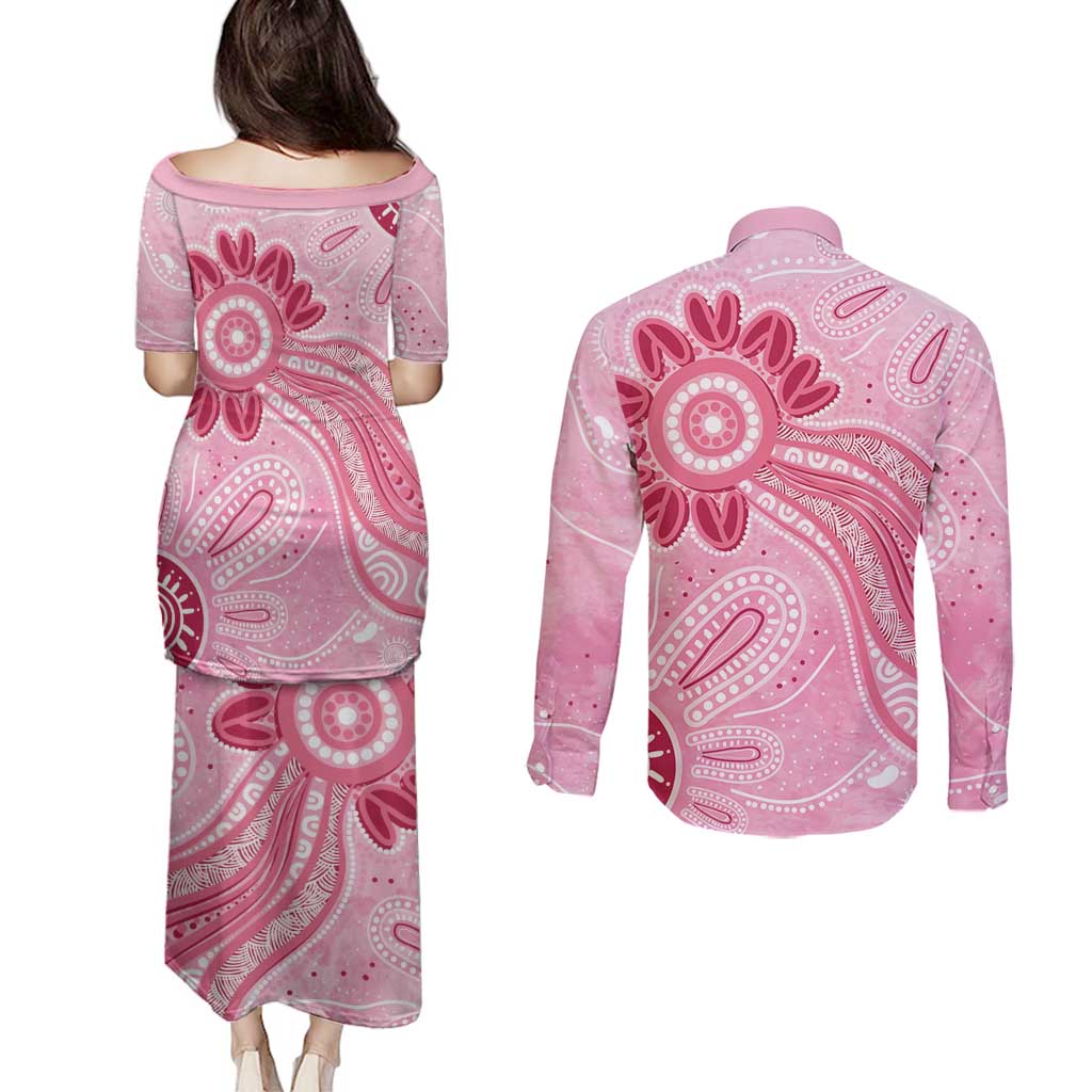 First Nation Aboriginal Dot Arts Couples Matching Puletasi and Long Sleeve Button Shirt Think Pink - Aussie Hoodie