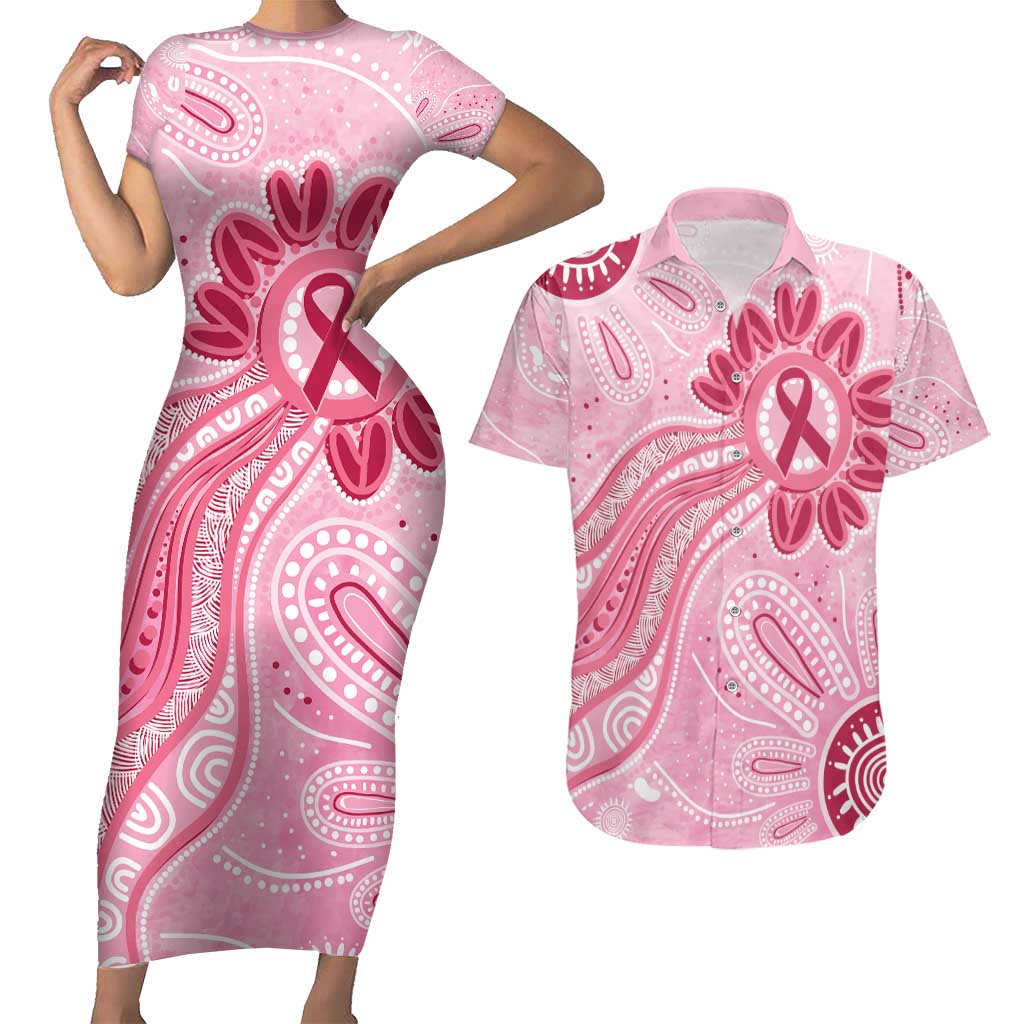 First Nation Aboriginal Dot Arts Couples Matching Short Sleeve Bodycon Dress and Hawaiian Shirt Think Pink - Aussie Hoodie