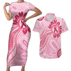 First Nation Aboriginal Dot Arts Couples Matching Short Sleeve Bodycon Dress and Hawaiian Shirt Think Pink - Aussie Hoodie