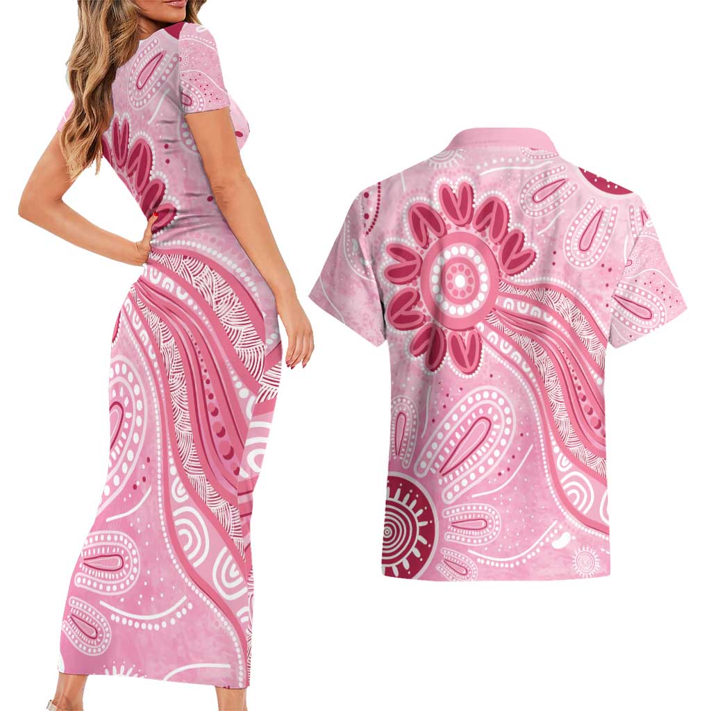 First Nation Aboriginal Dot Arts Couples Matching Short Sleeve Bodycon Dress and Hawaiian Shirt Think Pink - Aussie Hoodie