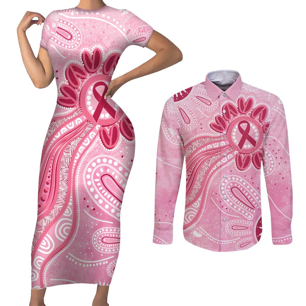 First Nation Aboriginal Dot Arts Couples Matching Short Sleeve Bodycon Dress and Long Sleeve Button Shirt Think Pink - Aussie Hoodie