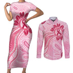 First Nation Aboriginal Dot Arts Couples Matching Short Sleeve Bodycon Dress and Long Sleeve Button Shirt Think Pink - Aussie Hoodie