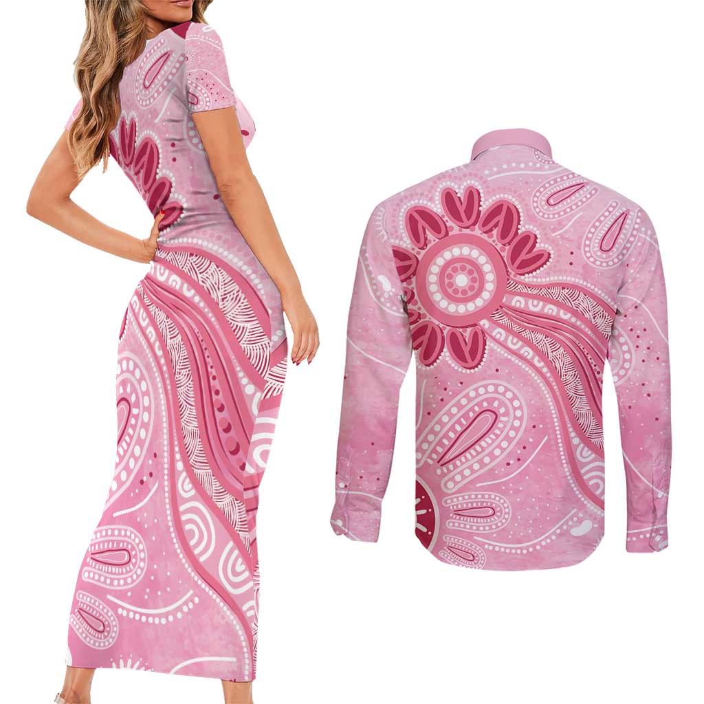 First Nation Aboriginal Dot Arts Couples Matching Short Sleeve Bodycon Dress and Long Sleeve Button Shirt Think Pink - Aussie Hoodie