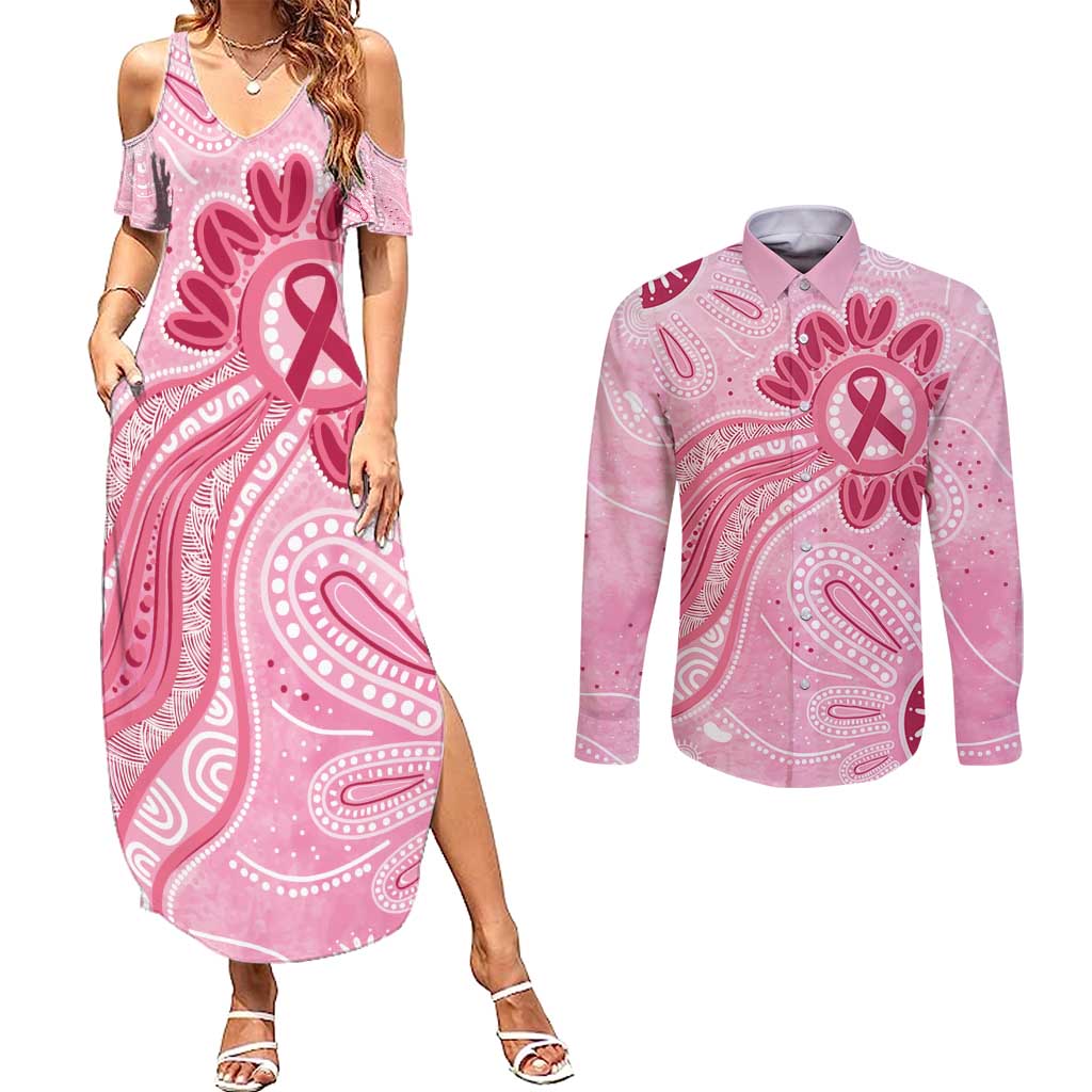 First Nation Aboriginal Dot Arts Couples Matching Summer Maxi Dress and Long Sleeve Button Shirt Think Pink - Aussie Hoodie