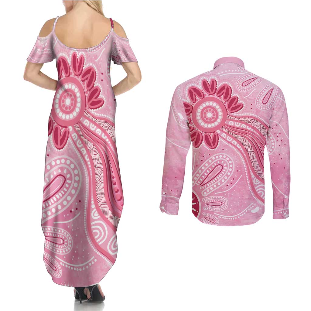 First Nation Aboriginal Dot Arts Couples Matching Summer Maxi Dress and Long Sleeve Button Shirt Think Pink - Aussie Hoodie