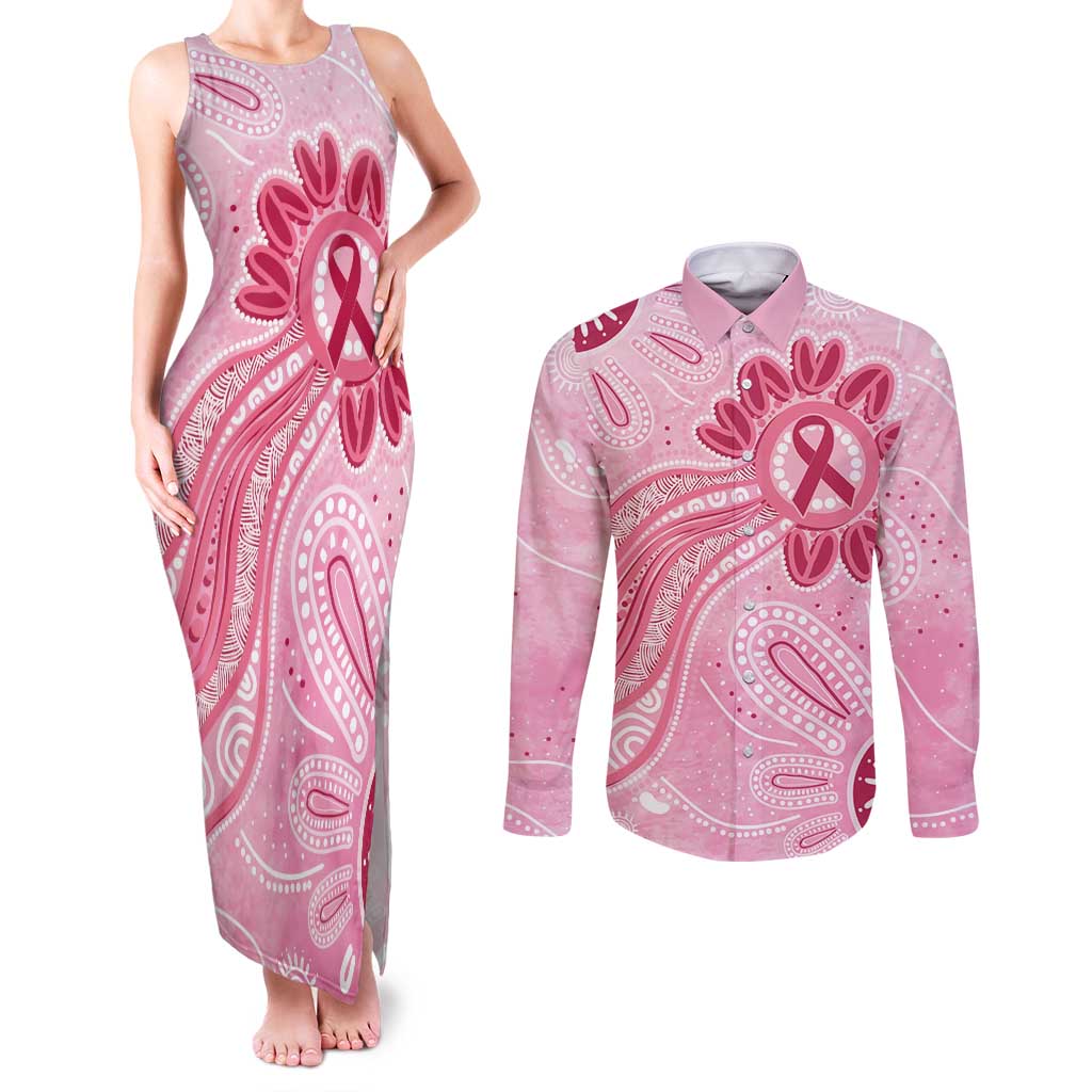 First Nation Aboriginal Dot Arts Couples Matching Tank Maxi Dress and Long Sleeve Button Shirt Think Pink - Aussie Hoodie