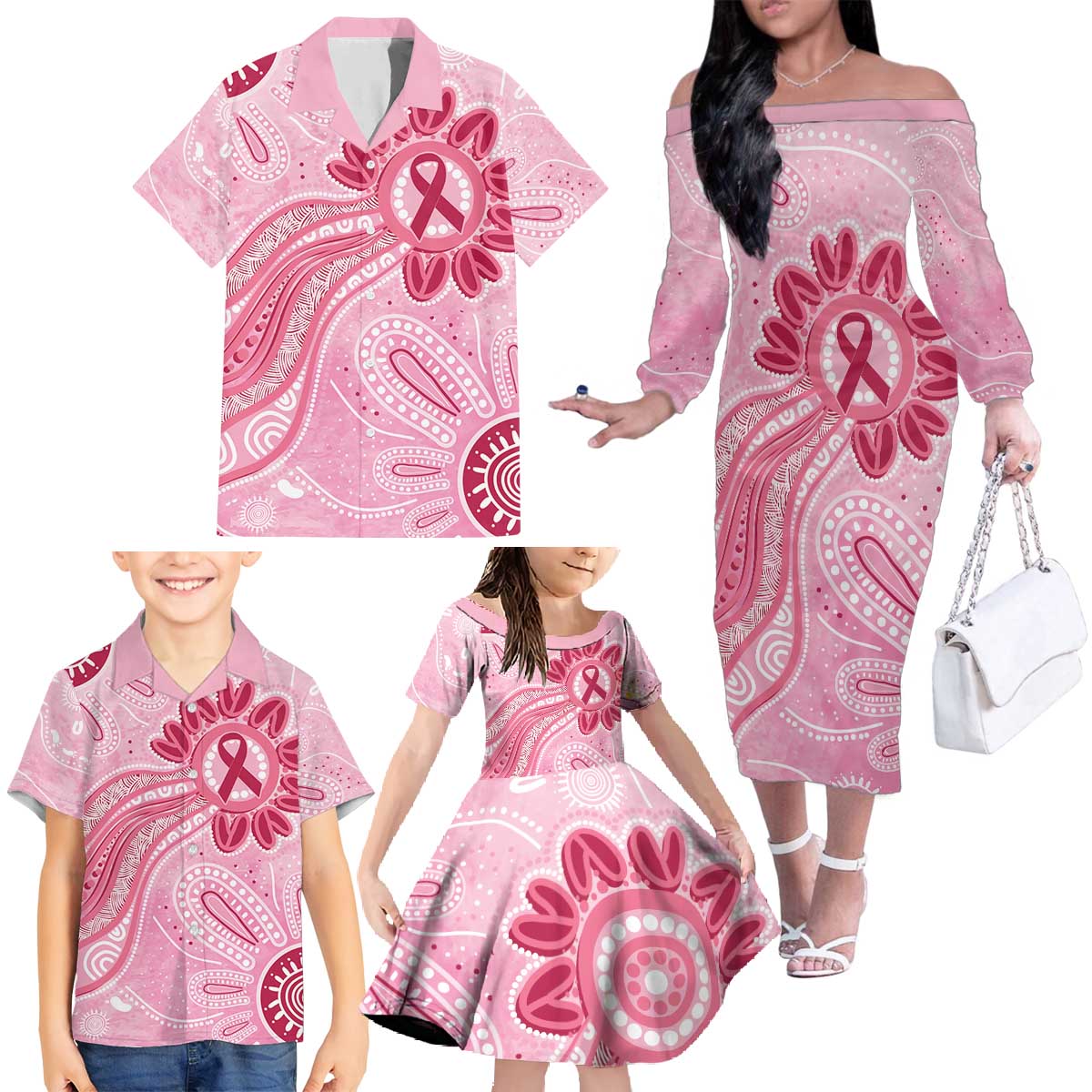 First Nation Aboriginal Dot Arts Family Matching Off The Shoulder Long Sleeve Dress and Hawaiian Shirt Think Pink - Aussie Hoodie