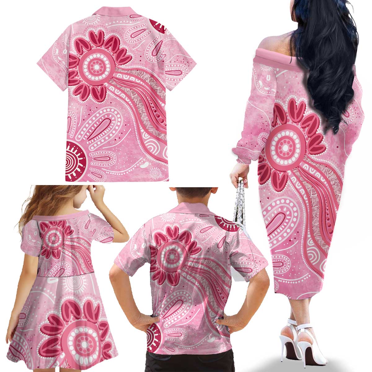 First Nation Aboriginal Dot Arts Family Matching Off The Shoulder Long Sleeve Dress and Hawaiian Shirt Think Pink - Aussie Hoodie
