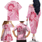 First Nation Aboriginal Dot Arts Family Matching Off The Shoulder Long Sleeve Dress and Hawaiian Shirt Think Pink - Aussie Hoodie