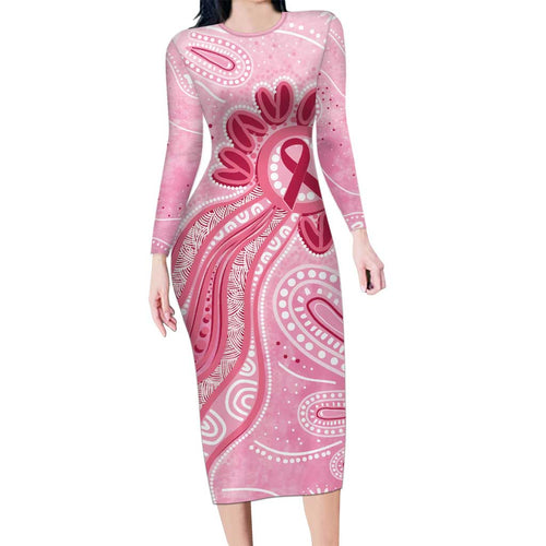 First Nation Aboriginal Dot Arts Long Sleeve Bodycon Dress Think Pink - Aussie Hoodie
